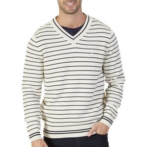 Nautica V-Neck Knit Sweater Striped Navy and Cream Like New Men's Large